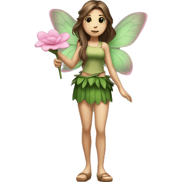 A full body of a fairy with green top and mini skirt she have a good shape of body and a long brown hair with pink flower beside her eating  emoji