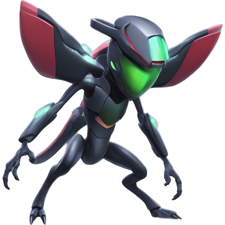 a shiny black Genesect-Flygon-Raptor-Fakémon-Medabot-hybrid with a futuristic visor-helmet full body emoji