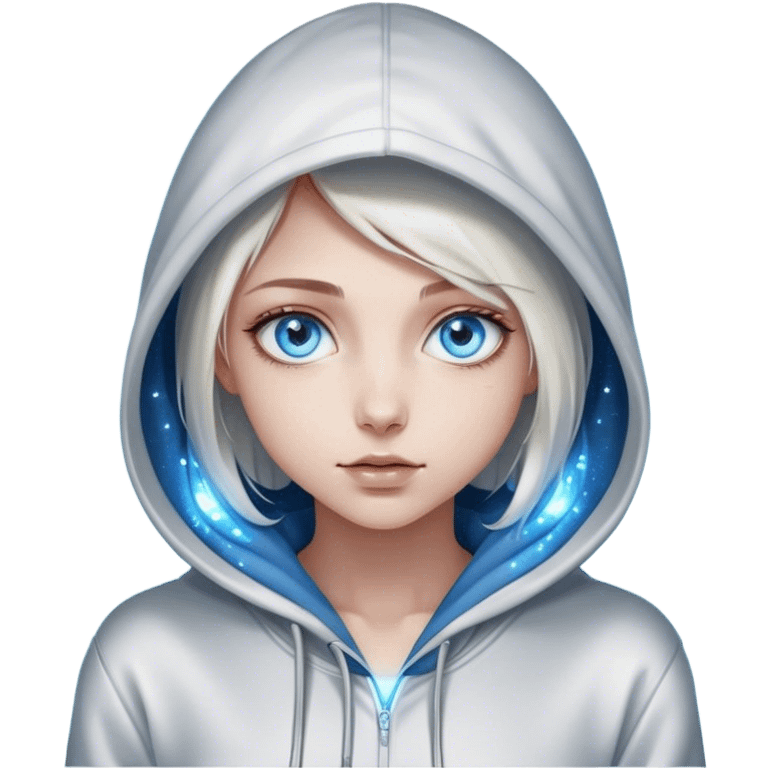 Cinematic girl with large sparkling blue eyes wearing a hoodie, Ultra realistic 32k HD, Breathtaking piece of art, rim lighting, hauntingly beautiful art, mostly greyscale, Balanced features, highly detailed digital artwork, glowing with silver light, glowing, high shine, deviant adoptable, highly detailed clothing, remembrance, a painting of white silver, fanciful, enchanting, ghostly, embodying the essence of both reality and fantasy, dreamy, dreamy glow, optical illusion, immaculate composition, complex pose, air composition. The image is so lifelike that it feels as though it could leap off the canvas at any moment emoji