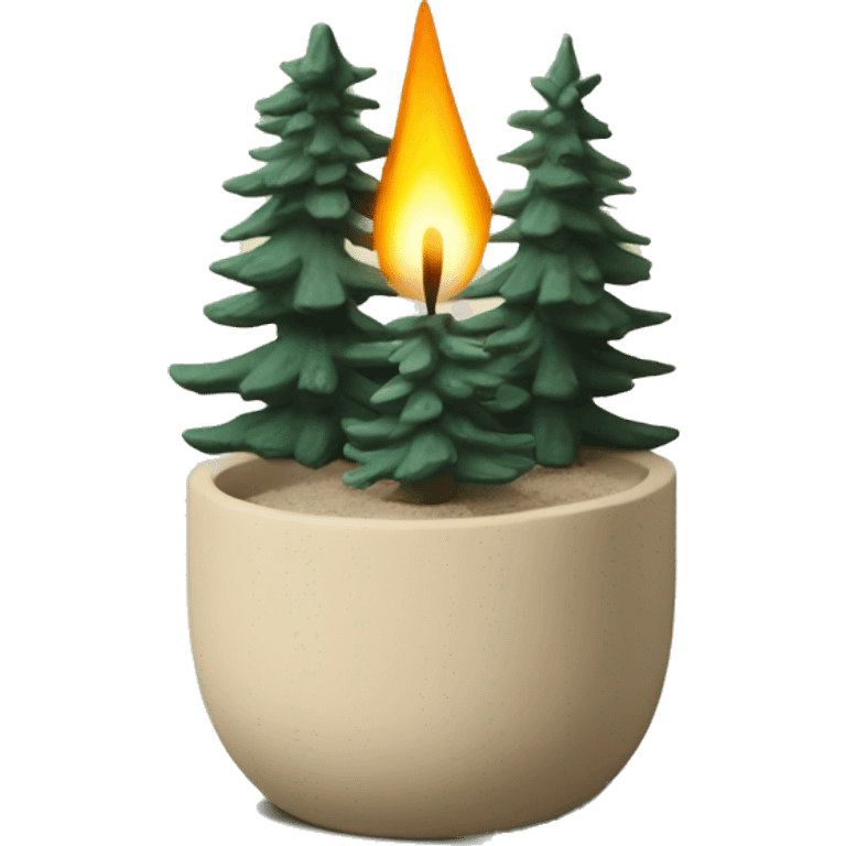 Candle in beige concrete vessel with painted pine trees emoji