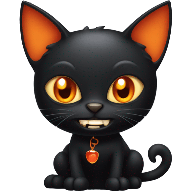 Black cat with orange eyes is wearing vampire costumes and has vimpares teeth  emoji