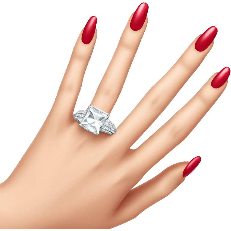 Detailed close up of a diamond ring on hand with 5 fingers and red nail polish emoji