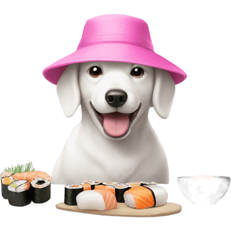 white Dog with a pink hat eating sushi emoji