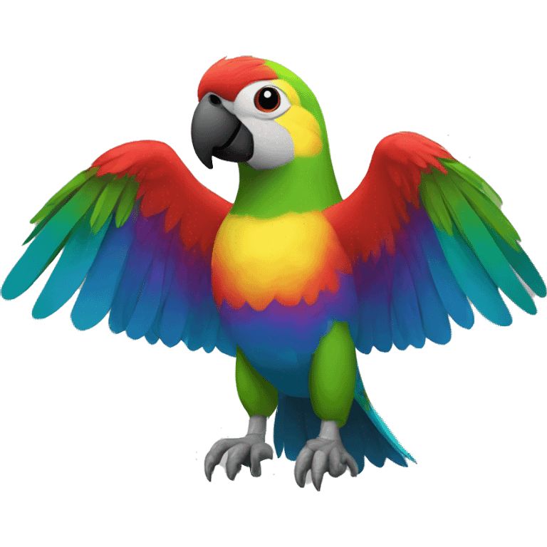 rainbow parrot with arms, three fingers on each hand, no legs, black top hat, buff, red shorts at bottom of torso emoji