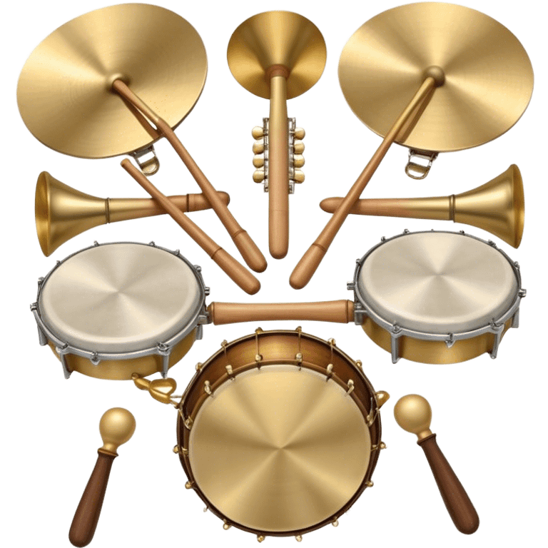 Create a heraldic, festive, and professional emblem-like emoji representing percussion instruments. The design should resemble a traditional crest, featuring a range of percussion instruments like cymbals, triangle, tambourine, maracas, timpani, and other traditional and folk percussion instruments. Arrange them symmetrically, with elements like cymbals crossing each other, a triangle at the center, and timpani or drums flanking the sides. The instruments should be depicted with metallic and wooden tones—shiny brass for cymbals, silver for the triangle, and rich wood or polished bronze for drums. Include ornate details like engraved patterns on the instruments, decorative swirls or laurels, and subtle accents to add elegance and festivity to the composition. The overall design should be cohesive, balanced, and visually striking, suitable for use as a prestigious emblem. The background should be transparent. emoji