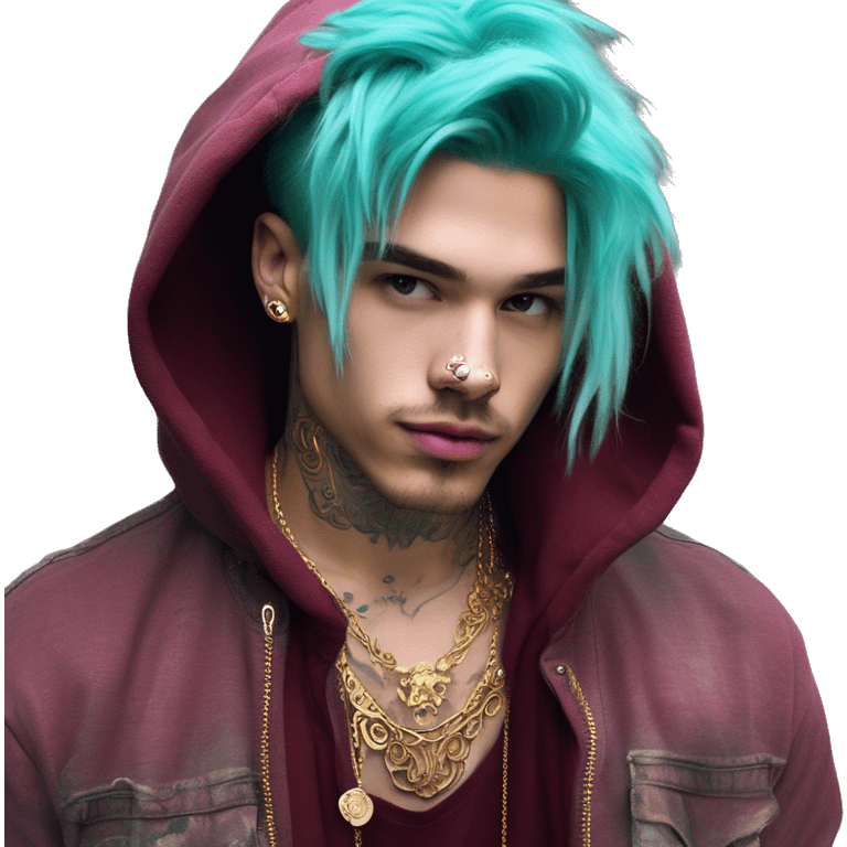 Vintage grunge patina intricate swirls gold jewellery baroque golden sparkle tropical Deep pink maroon burgundy cyan dark hoodie man dyed hair gold piercings nose piercing ear piercings emoji