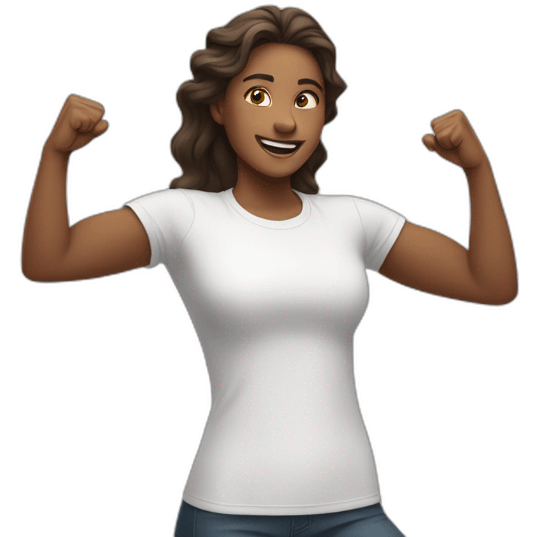 woman in white t-shirt with both fists stretched high in victory emoji