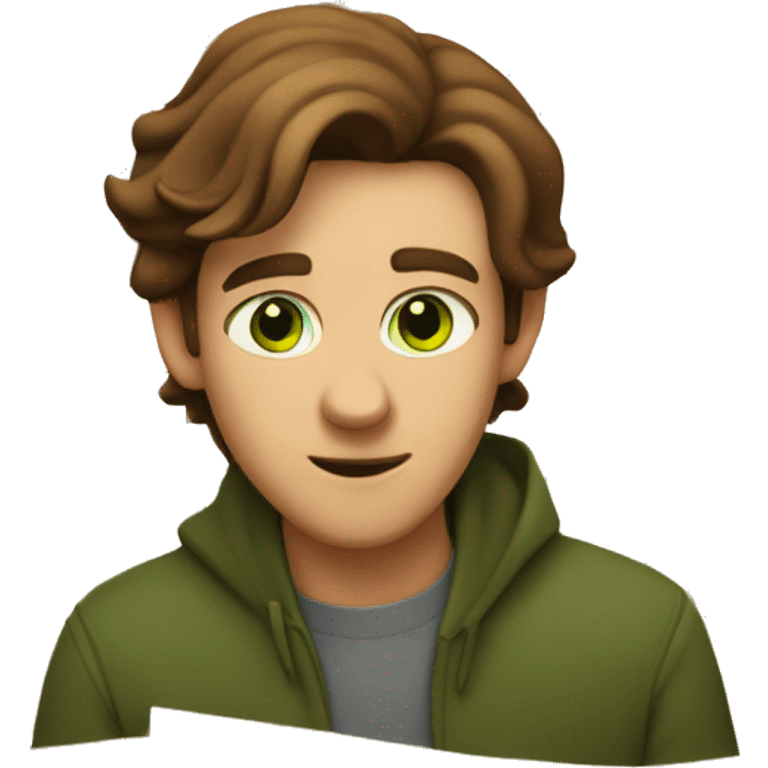 a light-skinned green-eyed man with brown hair sitting in front of the paper scroll  emoji