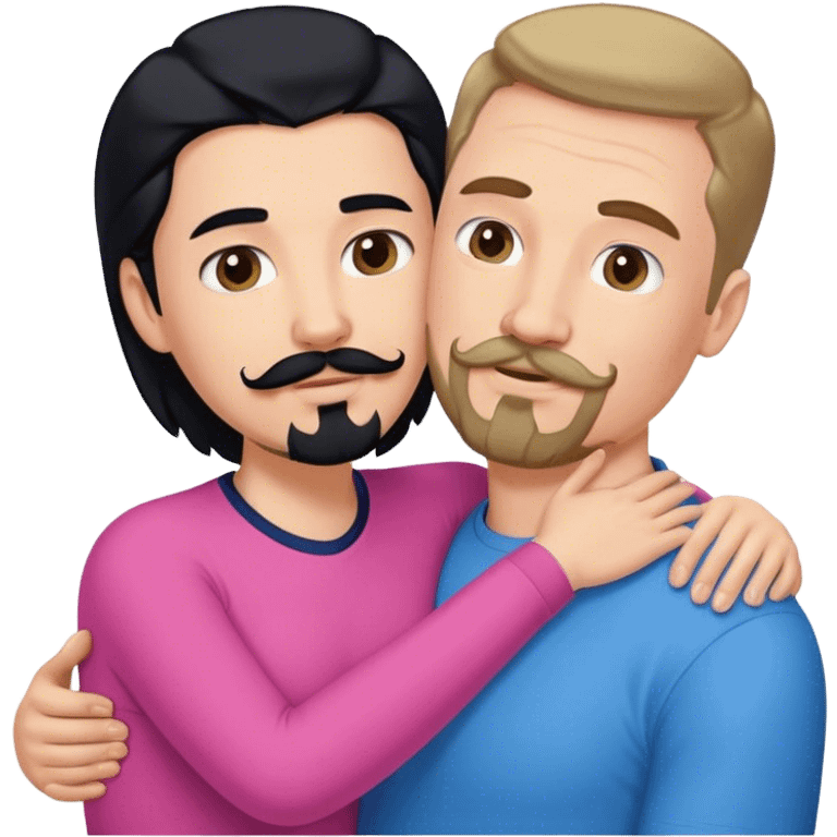 Tall white man with brown mustache goatee wearing blue, AND a short pale woman with long black hair wearing pink, hugging emoji