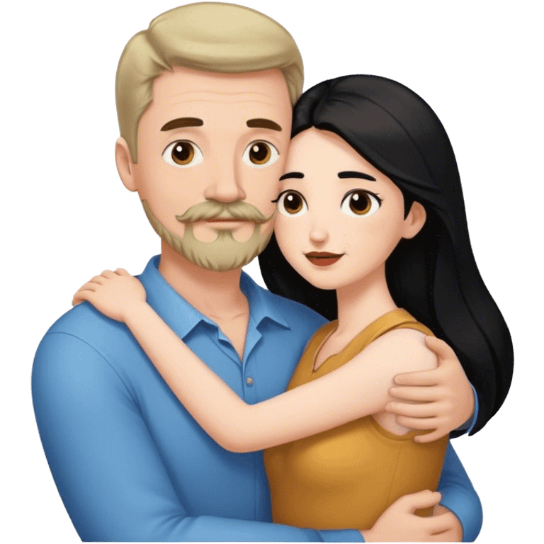 Tall white man with brown mustache and goatee hugging a short pale woman with long black hair emoji