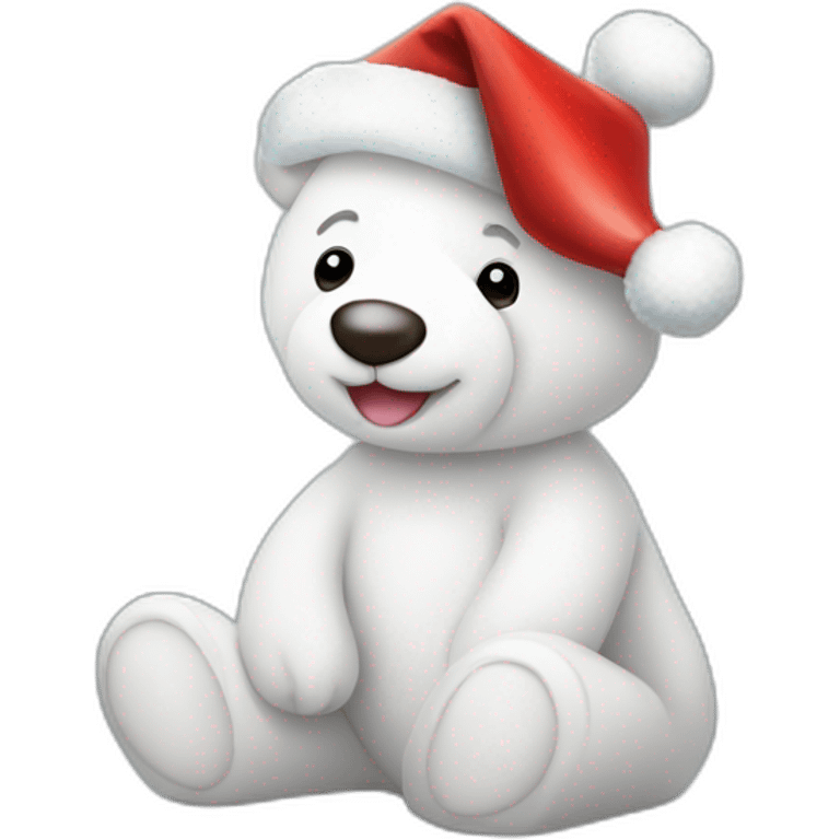 Christmas white teddy bear with Christmas lights and hat on it emoji