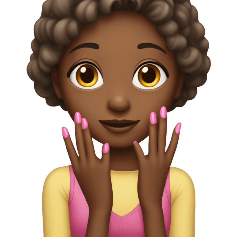 Girl with dark skin showing her long pink finger nails emoji