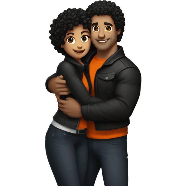 He is a muscular, well-shaped man, his hair is zero on the sides but curly on top, he is a little brunette, and he is wearing a black jacket. and the woman with light black hair and orange tips hugging him. emoji