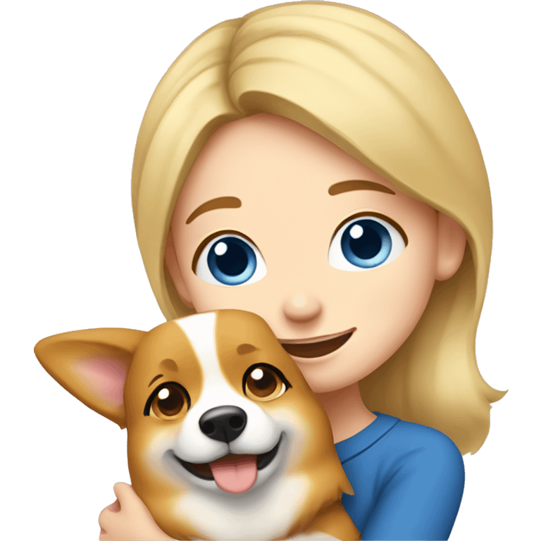 Blue eyed blond girl hugging a corgi happily emoji