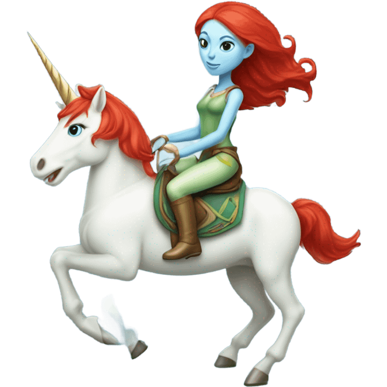 [
	{ a light green Amazon alien woman [ with red hair, with blue eyes]} 
	on a 
	[{ unicorn: white, six-legged, light blue mane}] emoji