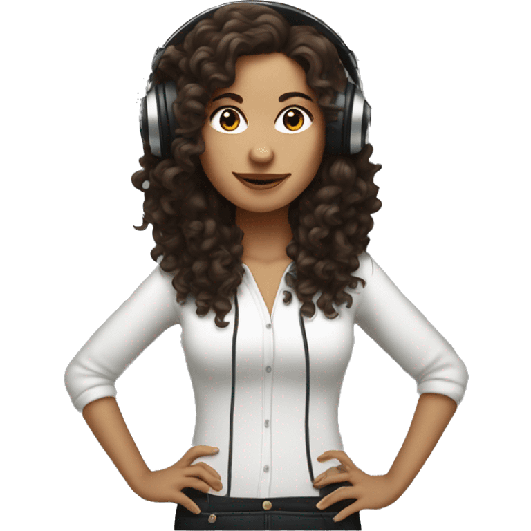 White woman with long dark brown curly hair DJing emoji