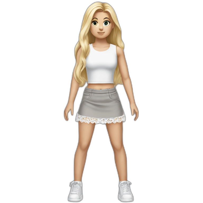 hyperrealistic caucasian female, long straight blonde hair, white lace up crop top, grey mini skirt, body view emoji