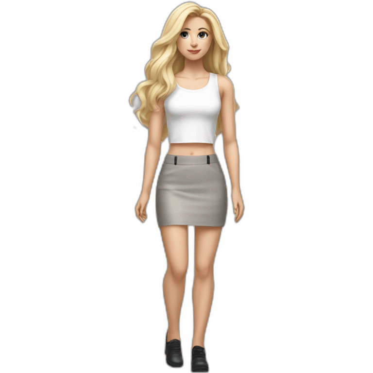 hyperrealist caucasian long blonde hair brown eyes woman white crop tank top gray tight mini skirt black high heel shoes full body emoji