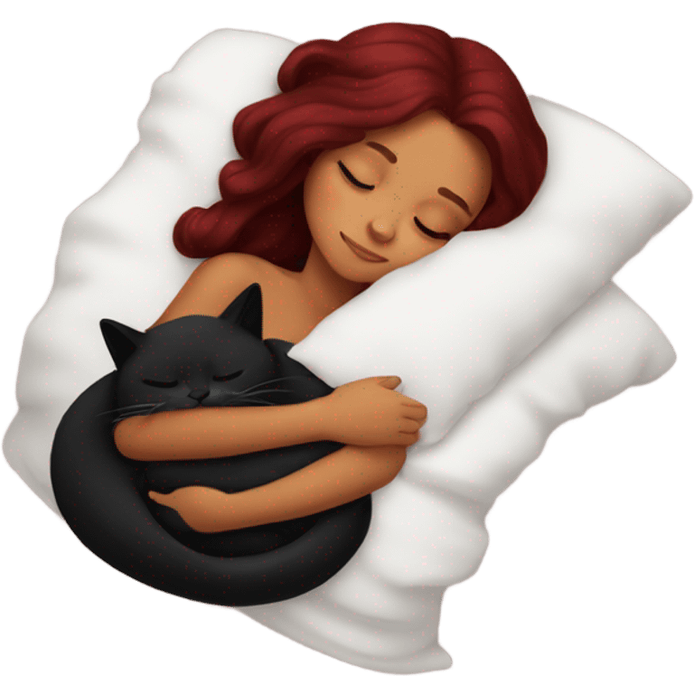 tanned girl long burgundy hair sleeping with black kitty emoji