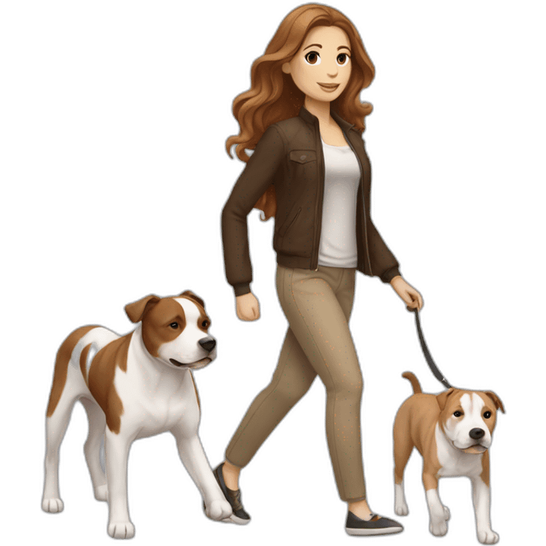 White woman with long wavy brown hair walking tan and white pitbull emoji