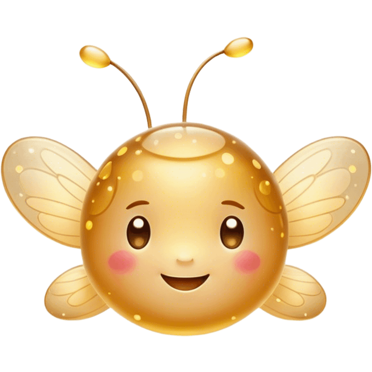 Cinematic tiny glowing firefly, round and chubby, soft golden light, tiny happy face, gentle floating motion, surrounded by dreamy sparkling dots. emoji