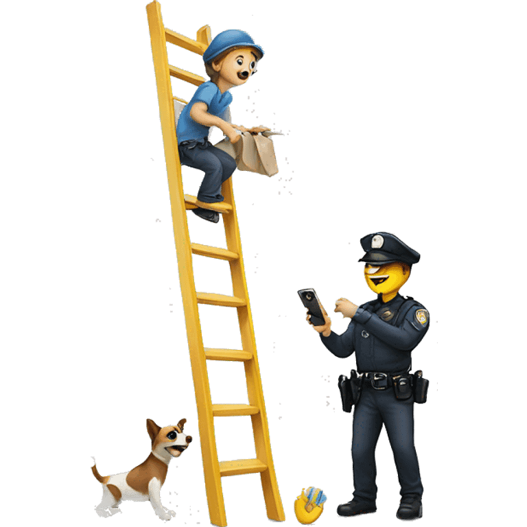 create an emoji of a child o a ladder painting  while the police watches with a dog and a camera emoji