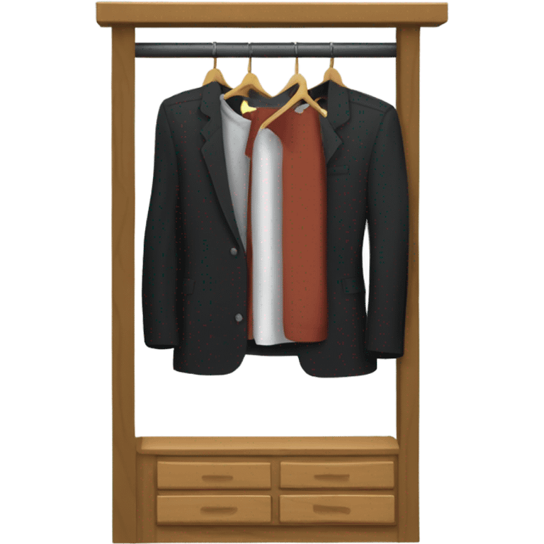 Design an emoji-style icon of an open wardrobe with clothes hanging inside. Include details like a wooden frame, hangers, and black clothing items such as shirts or any other clothing . Use a clean and minimalistic design. emoji