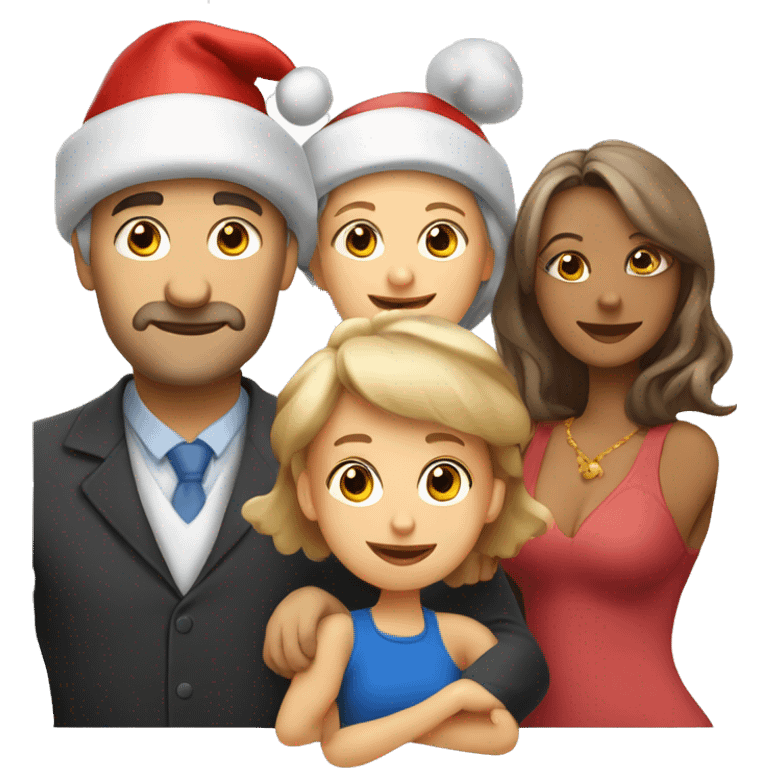 european family of 4 people (mom dad and 2 kids) celebrate new year in birthday hats emoji