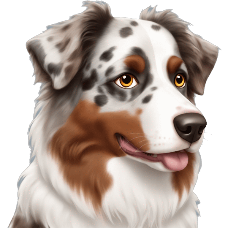 Red merle Australian shepherd with one blue eye and one brown eye emoji