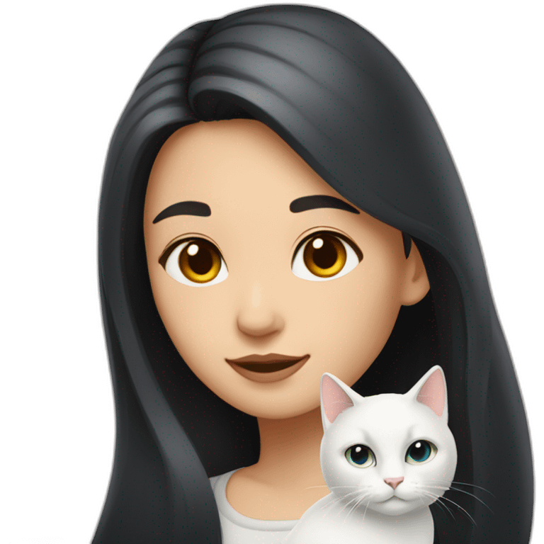 A girl with long dark hair and a white cat on her shoulder emoji