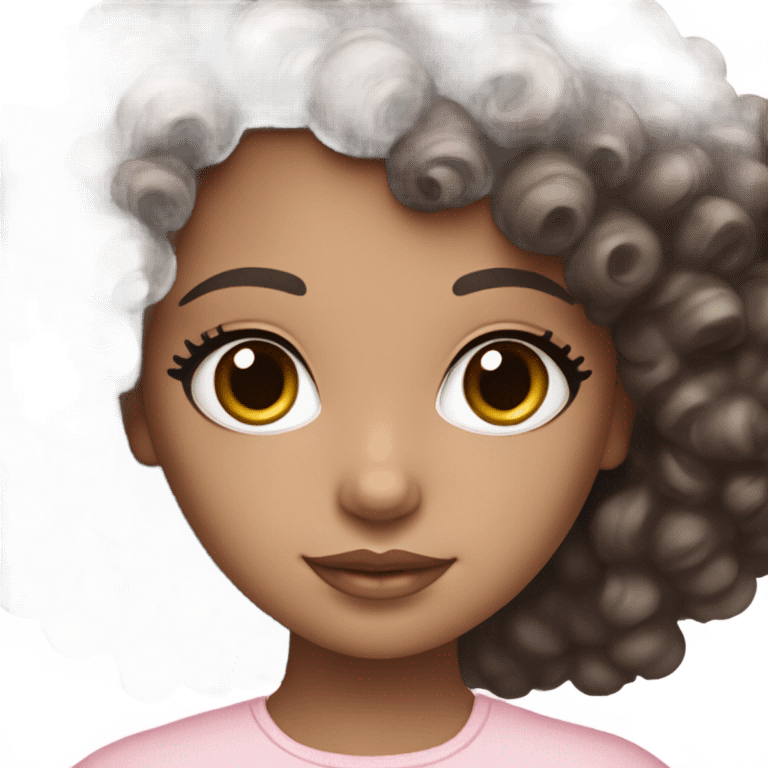 brown doll eyes, black curly hair, feminine, pink,girl angelic beauty emoji