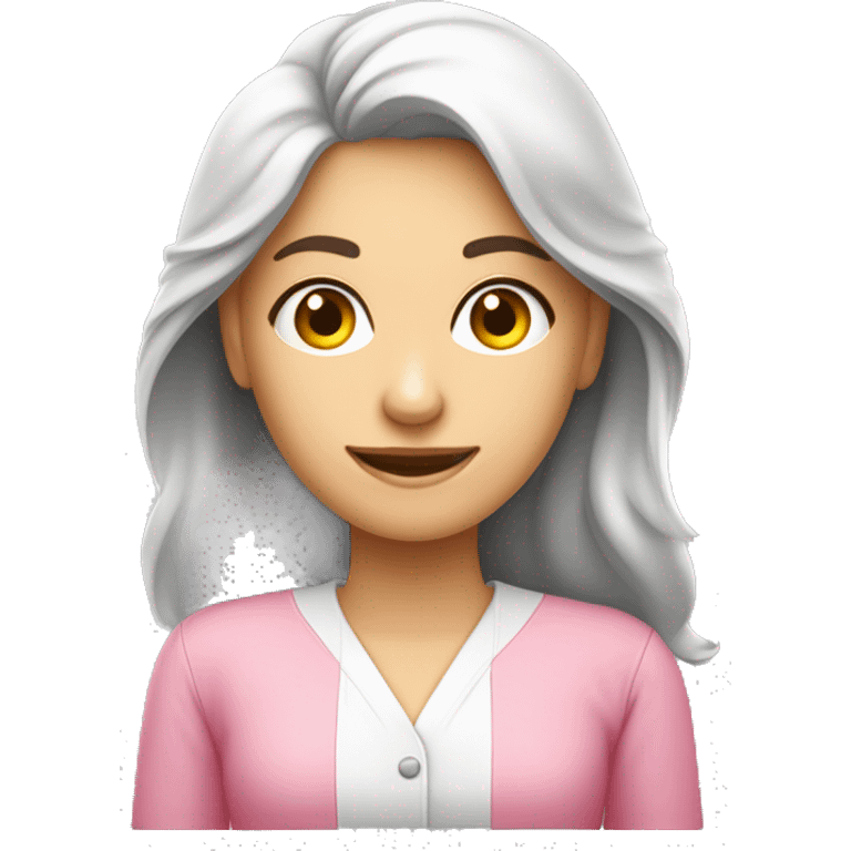 Mulher branca, Nutricionista com jaleco cor de rosa, cabelo muito longo, boca pequena, olhos e cabelos castanhos, roupa cor rosa.  emoji