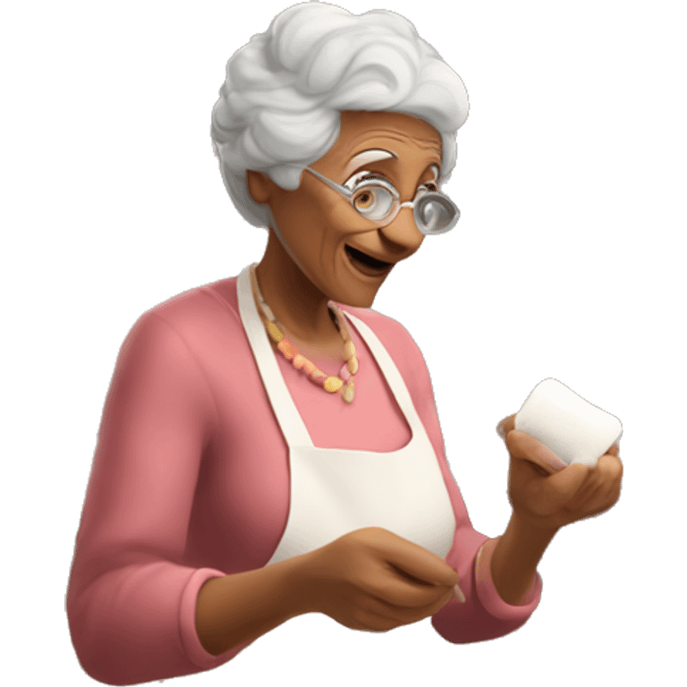 Italian woman looking grandma holding a marshmallow cooking marshmallows in kitchen emoji