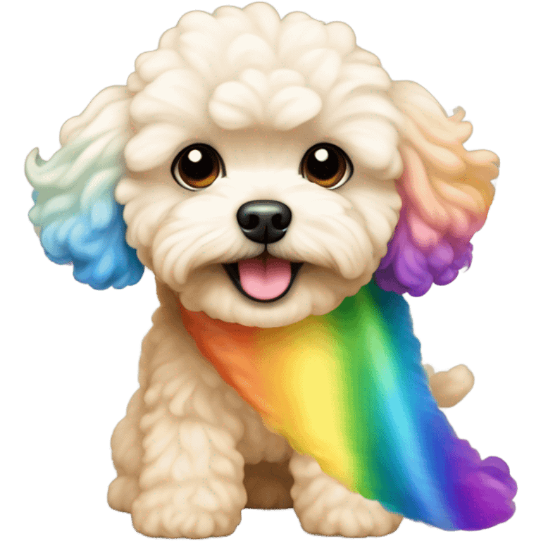 Cream colored maltipoo with rainbow tail emoji