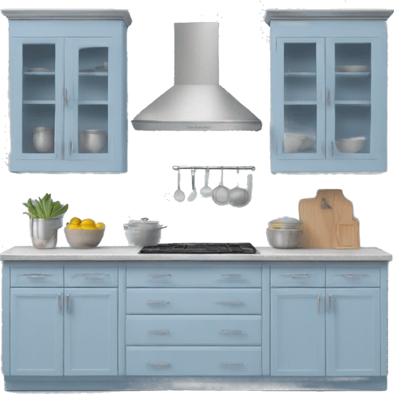 Realistic front facing hanging powder blue and silver kitchen cabinets. emoji