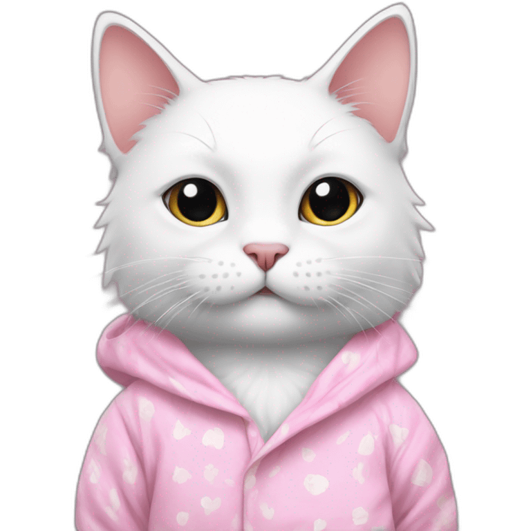 White cat with a pink pyjama with a paw drawed into emoji