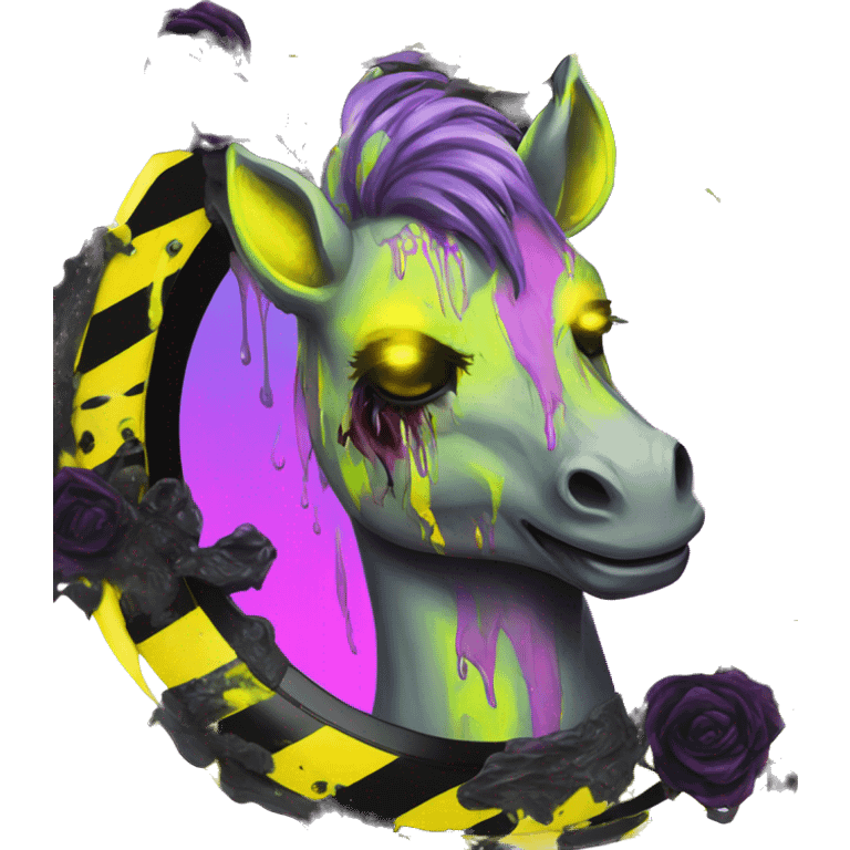 .Zombie_ Vaporwave black holographic oilslick zombie unicorn yellow caution tape and a vinyl emoji