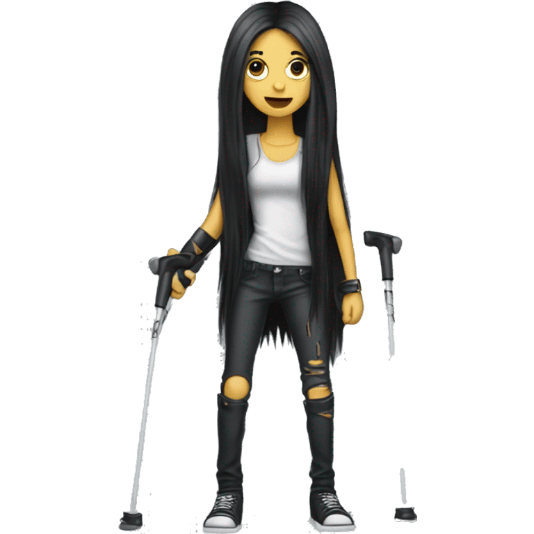 metalhead girl with long dark hair and use crutches emoji