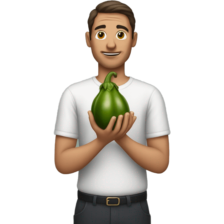 Man holding an eggplant in his right and left hand emoji