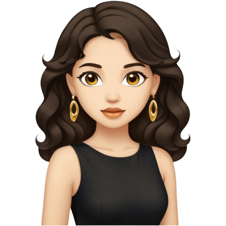 Beautiful woman,cute, light skin, half long wavy dark hair in dark dress with gold earrings emoji