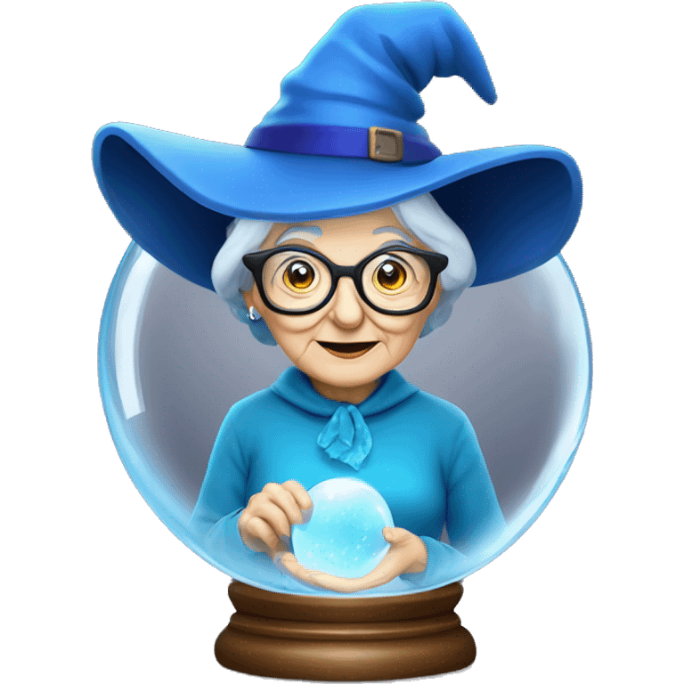 smart granny witch with glasses and blue hat in crystal ball emoji