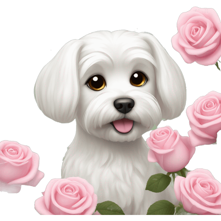  white maltese dog and pink roses  emoji