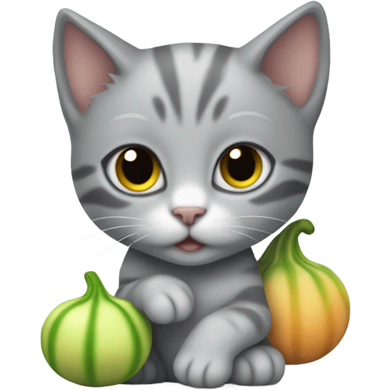 The gray kitten is holding a sugar gourd emoji