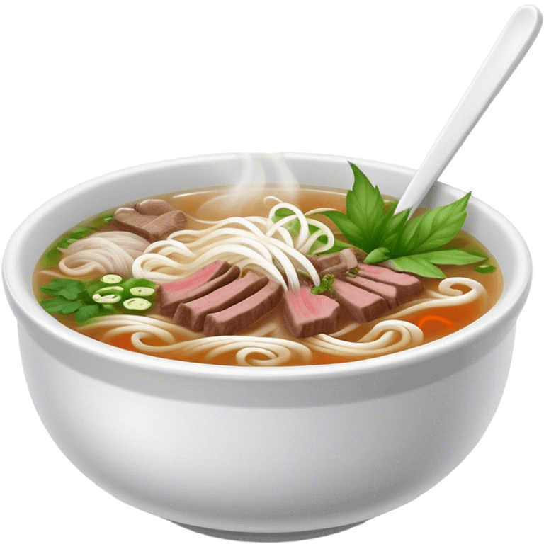 Cinematic Realistic Pho Dish Emoji, depicted as a steaming bowl of aromatic beef noodle soup with herbs rendered with lifelike textures and vibrant, warm lighting. emoji