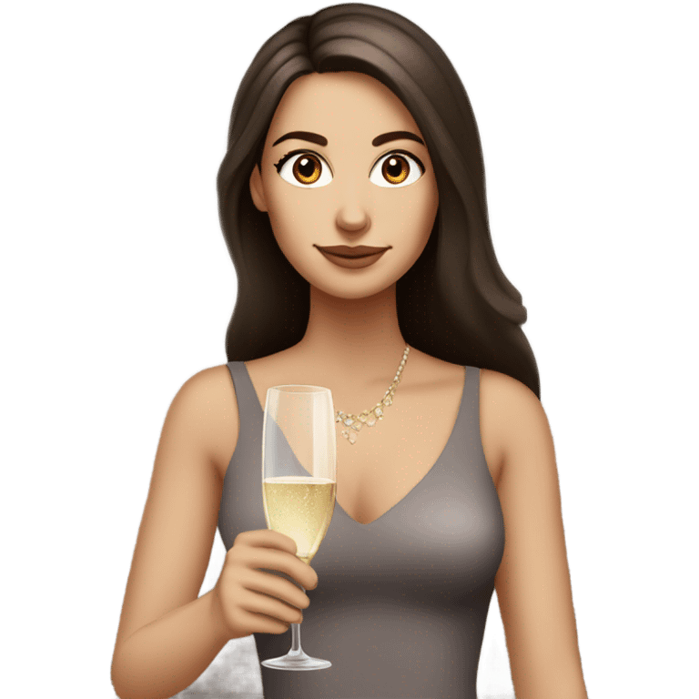 White girl with long dark brown hair and brown eyes with glass of champagne  emoji