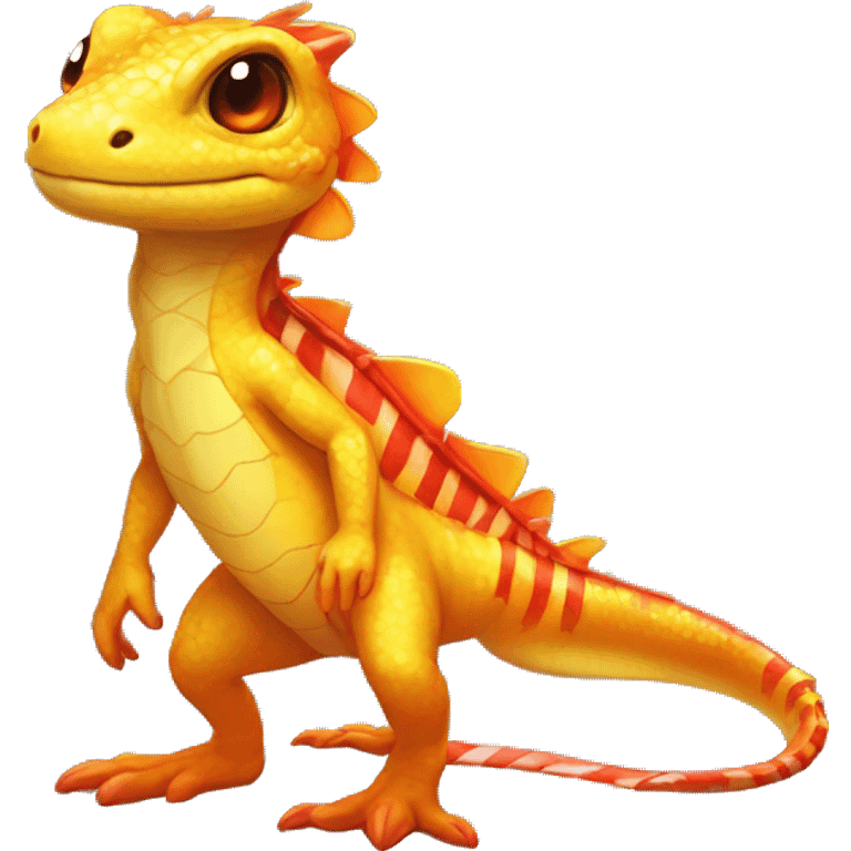 A Yellow Shiny Anthro-Scalie-Lizard-Reptile-Salamander-Fakémon with red stripes and orange frills Full Body emoji