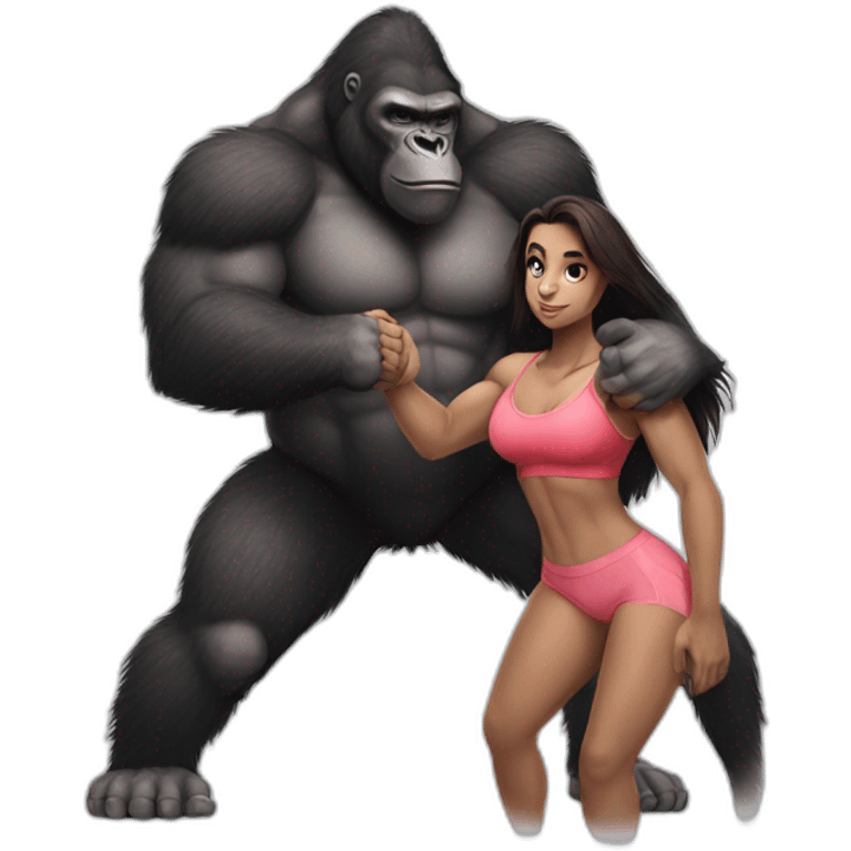 Big buff Gorilla holding a beautiful girl with a big back doing exercises emoji