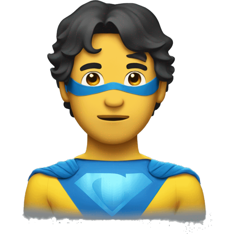 Superhero wearing a yellow and blue suit. He should have a distinctive yellow visor-style mask covering his eyes, shot black hair. heroic expression. emoji