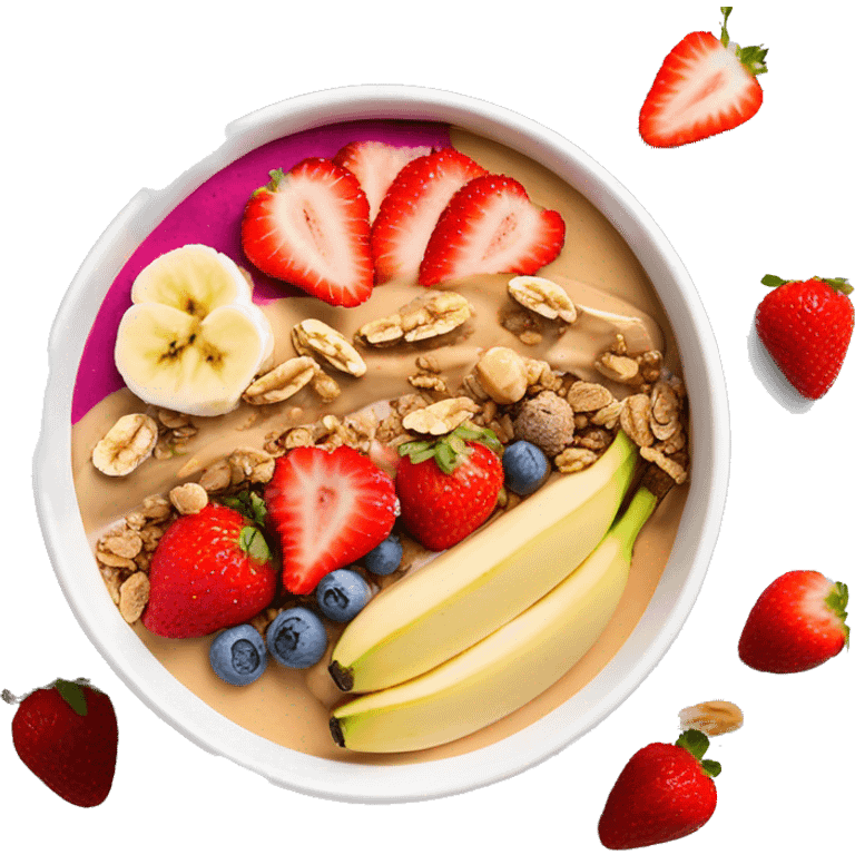 Smoothie bowl with bananas strawberries granola and peanut butter drizzle emoji