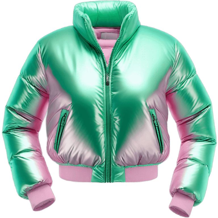 Realistic isolated side view of an open metallic pink cropped puffer jacket and metallic mint green sports bra underneath the jacket. emoji